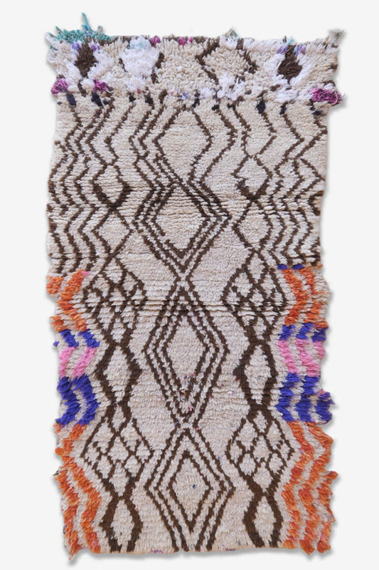 Azilal Moroccan Rug with Brown Diamond Motifs and Colorful Accents 5.7 x 2.9 ft / 174 x 90 cm