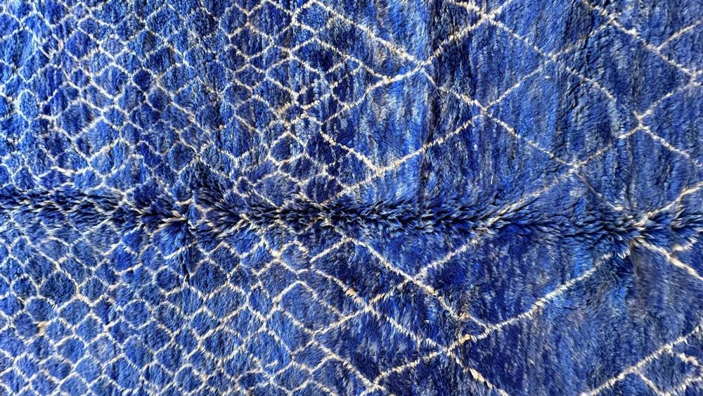 Deep blue Moroccan Mrirt rug, abstract handwoven wool, shaggy texture, artisan-made in Khenifra