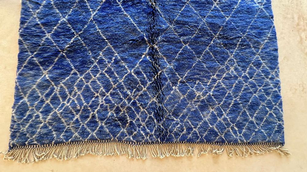 Deep blue Moroccan Mrirt rug, abstract handwoven wool, shaggy texture, artisan-made in Khenifra