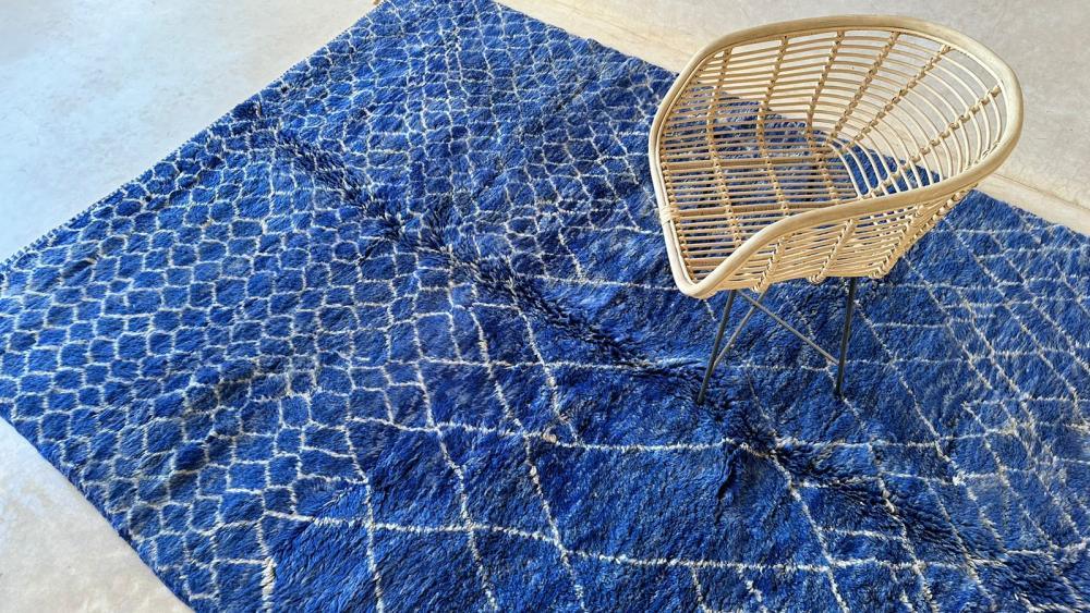 Deep blue Moroccan Mrirt rug, abstract handwoven wool, shaggy texture, artisan-made in Khenifra