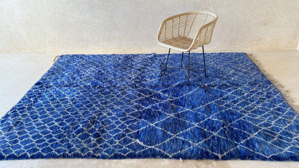 Deep blue Moroccan Mrirt rug, abstract handwoven wool, shaggy texture, artisan-made in Khenifra
