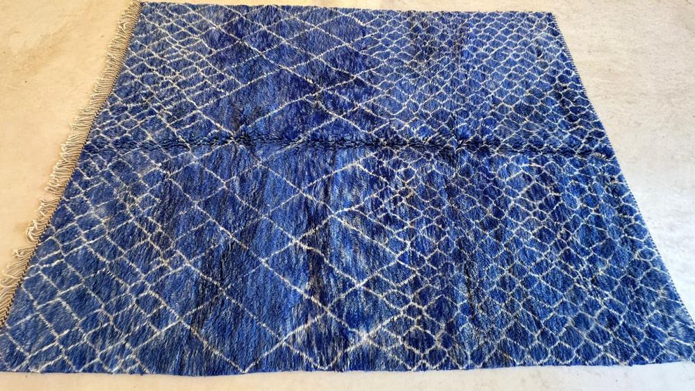Deep blue Moroccan Mrirt rug, abstract handwoven wool, shaggy texture, artisan-made in Khenifra