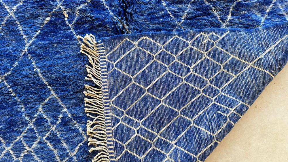 Deep blue Moroccan Mrirt rug, abstract handwoven wool, shaggy texture, artisan-made in Khenifra