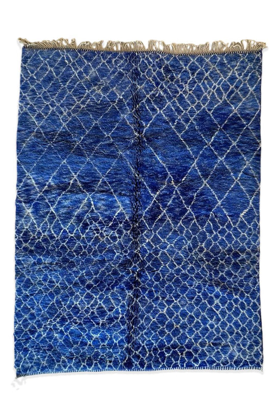 Deep blue Moroccan Mrirt rug, abstract handwoven wool, shaggy texture, artisan-made in Khenifra