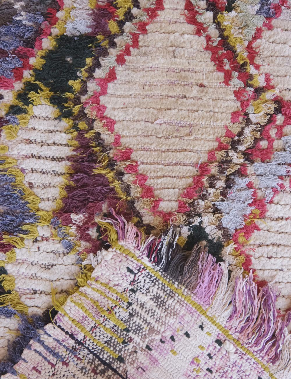 Close-up of a textured, multicolored fabric with fringes