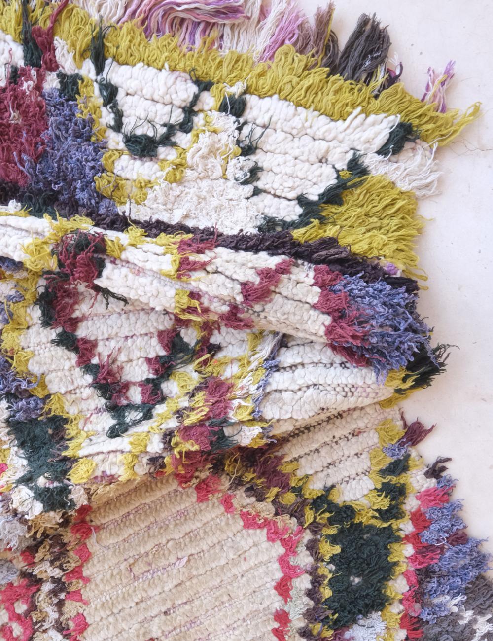 Close-up of a colorful woven textile with intricate patterns.