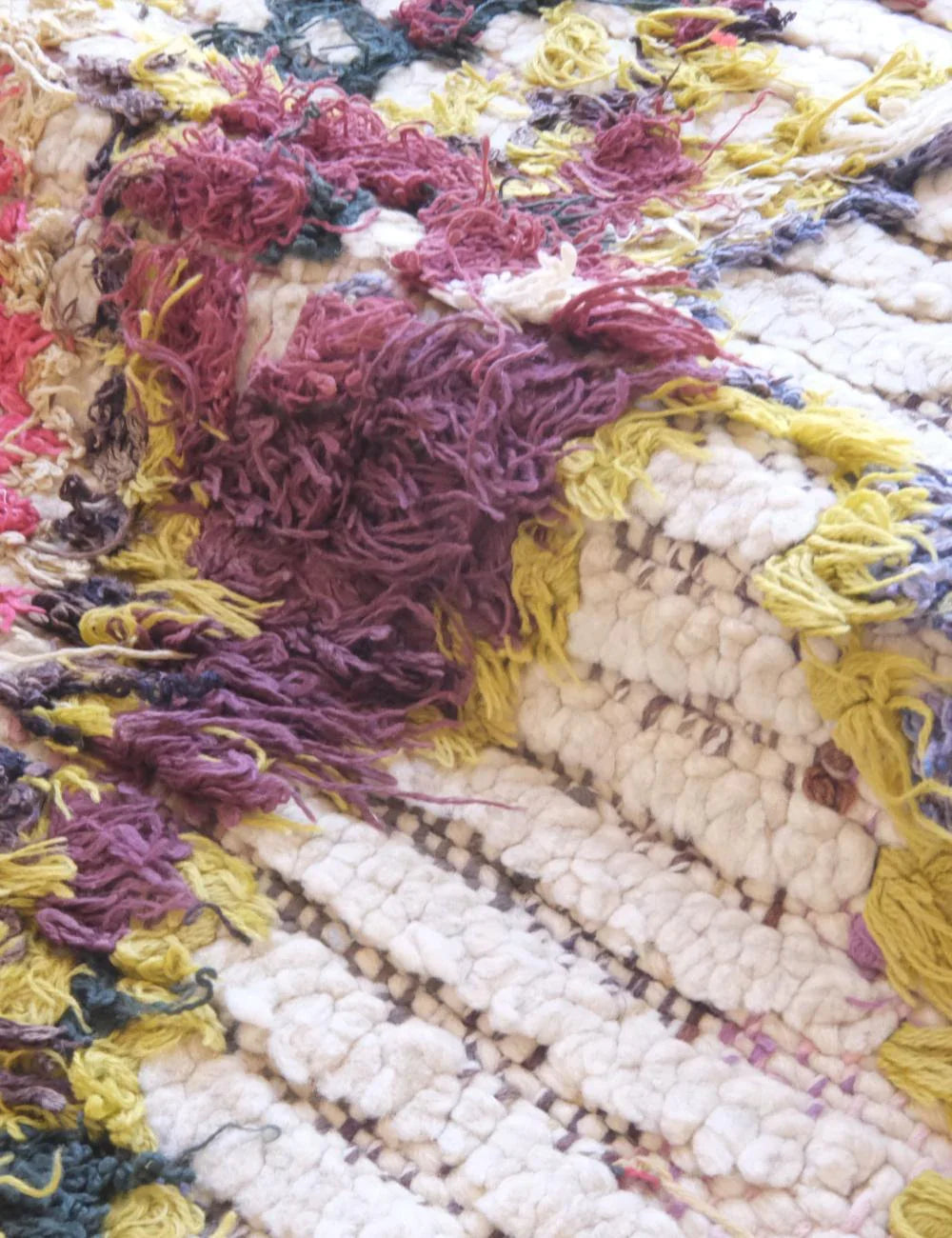 Close-up of a textured fabric with multicolored yarn patterns