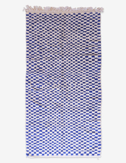 Blue Checkered Moroccan Wool Rug 10.7 x 5.1 ft / 327 x 158 cm