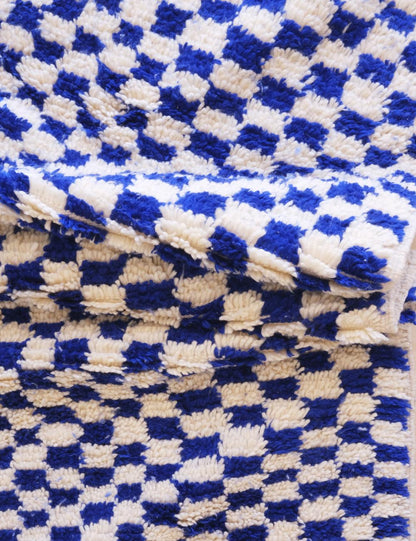 Blue Checkered Moroccan Wool Rug 10.7 x 5.1 ft / 327 x 158 cm