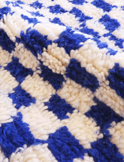 Blue Checkered Moroccan Wool Rug 10.7 x 5.1 ft / 327 x 158 cm