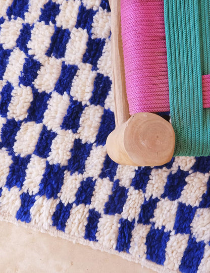 Blue Checkered Moroccan Wool Rug 10.7 x 5.1 ft / 327 x 158 cm