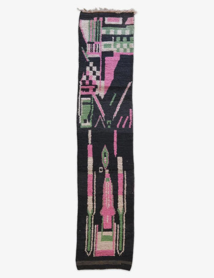 Black Modern Moroccan Runner Rug 11.3 x 2.4 ft / 344 x 74 cm - Surcoma