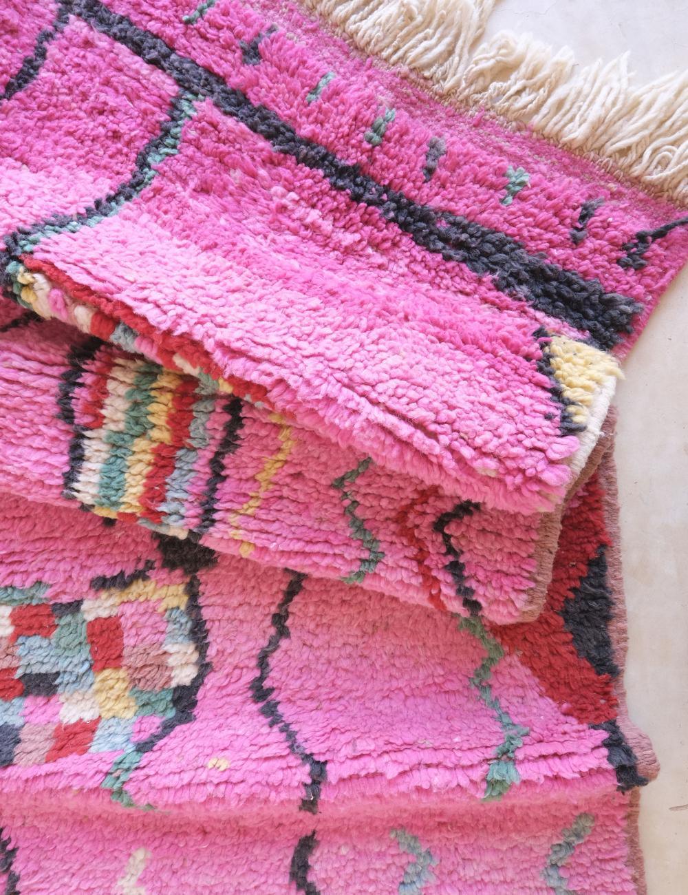 Boujad Moroccan Rug in Pink with Colorful Abstract Motifs 8.6 x 5.61 ft / 261 x 171 cm
