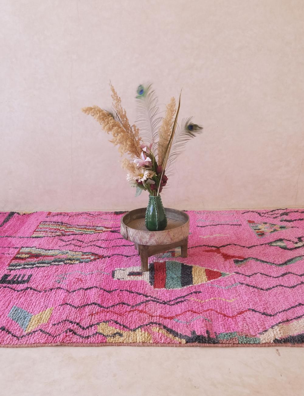 Boujad Moroccan Rug in Pink with Colorful Abstract Motifs 8.6 x 5.61 ft / 261 x 171 cm