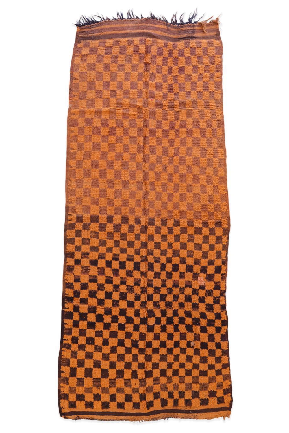 Orange Checkered Moroccan Rug 11.3 x 4.2 ft / 344 x 128 cm