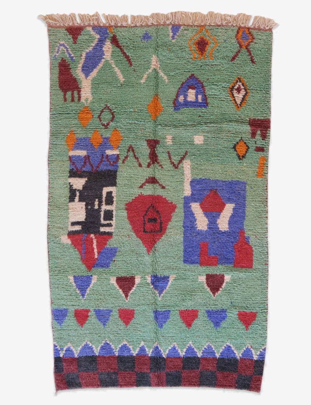 Green Wool Carpet with Abstract Berber Motifs 9.2 x 5.4 ft / 280 x 167 cm