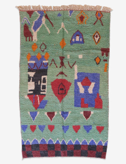 Green Wool Carpet with Abstract Berber Motifs 9.2 x 5.4 ft / 280 x 167 cm - Surcoma