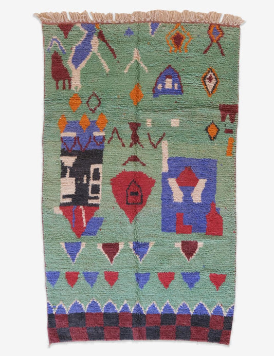 Green Wool Carpet with Abstract Berber Motifs 9.2 x 5.4 ft / 280 x 167 cm