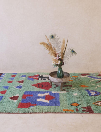 Green Wool Carpet with Abstract Berber Motifs 9.2 x 5.4 ft / 280 x 167 cm - Surcoma