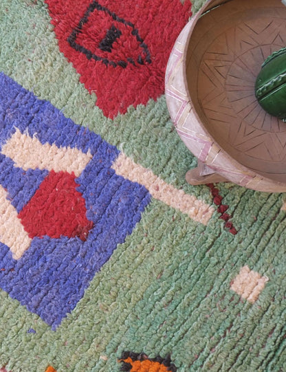 Green Wool Carpet with Abstract Berber Motifs 9.2 x 5.4 ft / 280 x 167 cm - Surcoma