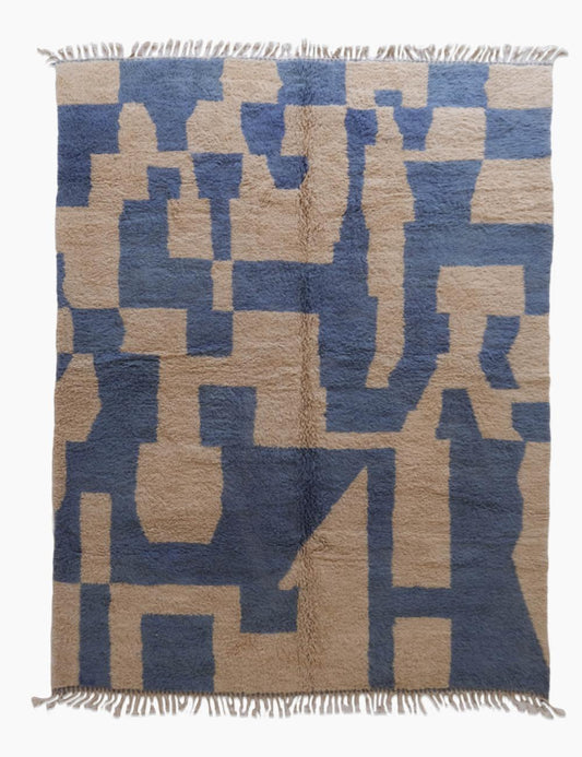 Blue and Beige Moroccan Rug Handmade Abstract Berber Wool Carpet - Forma 101