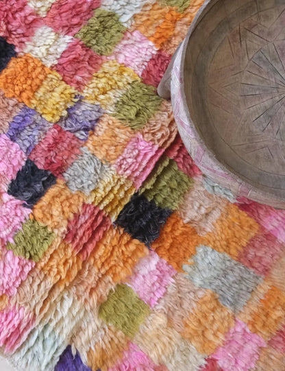 Colorful Checkered Moroccan Wool Rug 5.3 x 3.9 ft / 161 x 119 cm - Surcoma