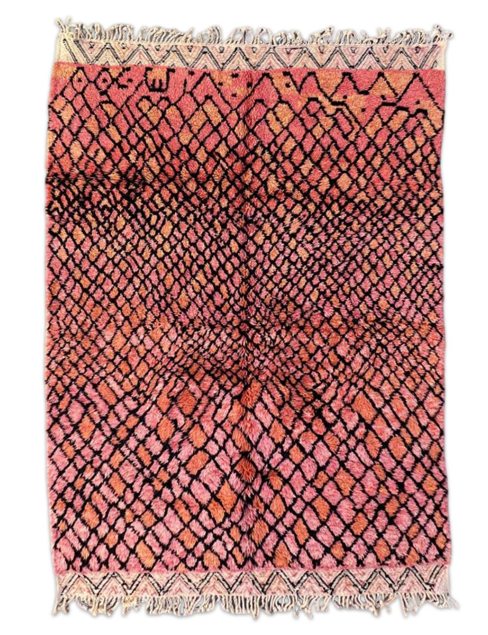 Authentic pink Beni M'rirt rug with black diamond patterns