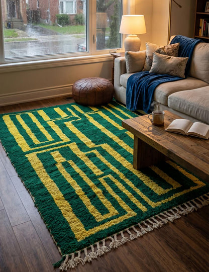 Geometric Green Berber Wool Rug 9.6 x 8.3 ft / 292 x 255 cm