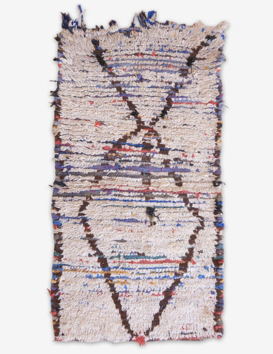 Multicolored woven rug with abstract pattern on a white background