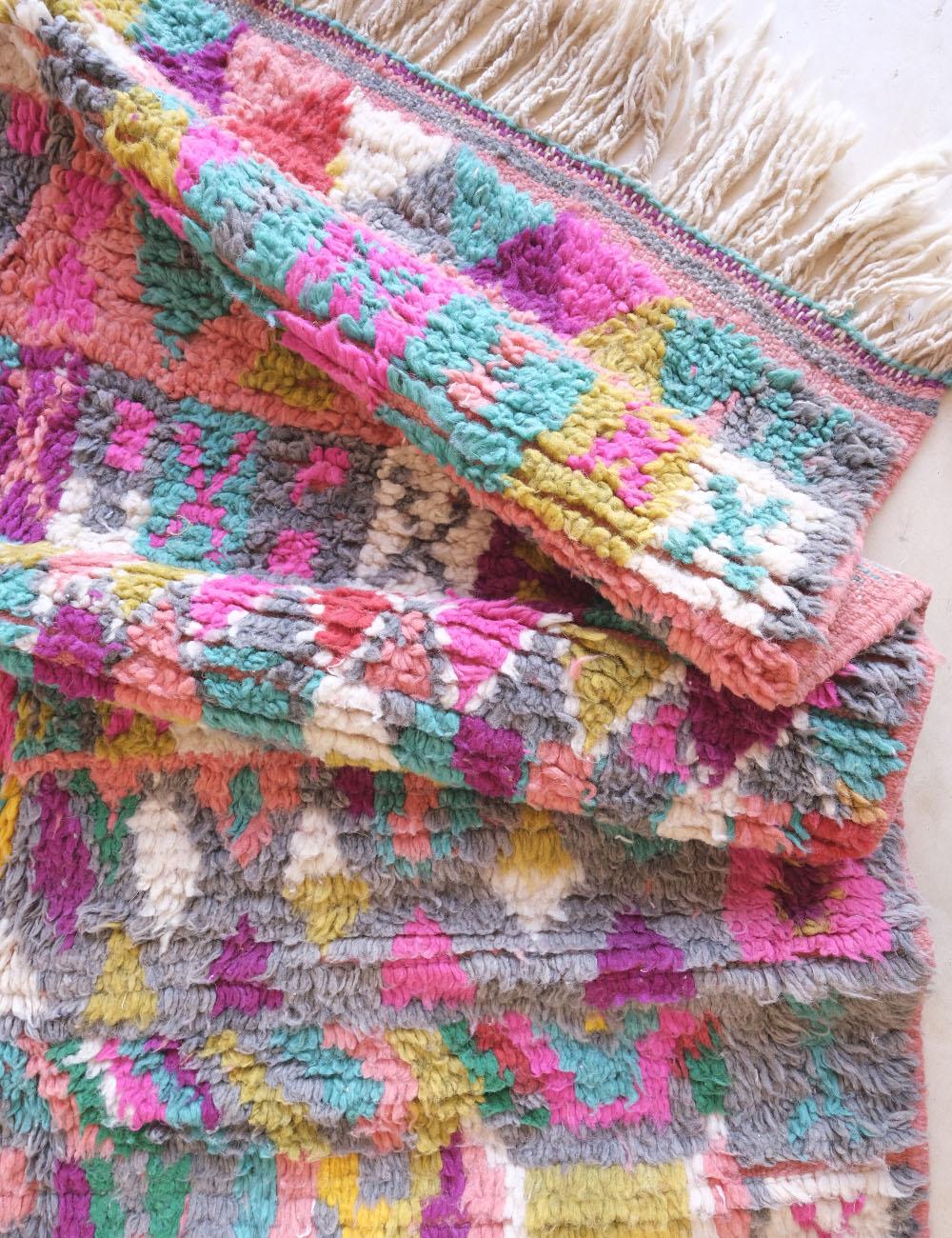 Handwoven Moroccan Berber Rug with Bold Multicolor Patchwork & Tribal Symbols 8.1 x 4.5 ft / 247 x 138 cm