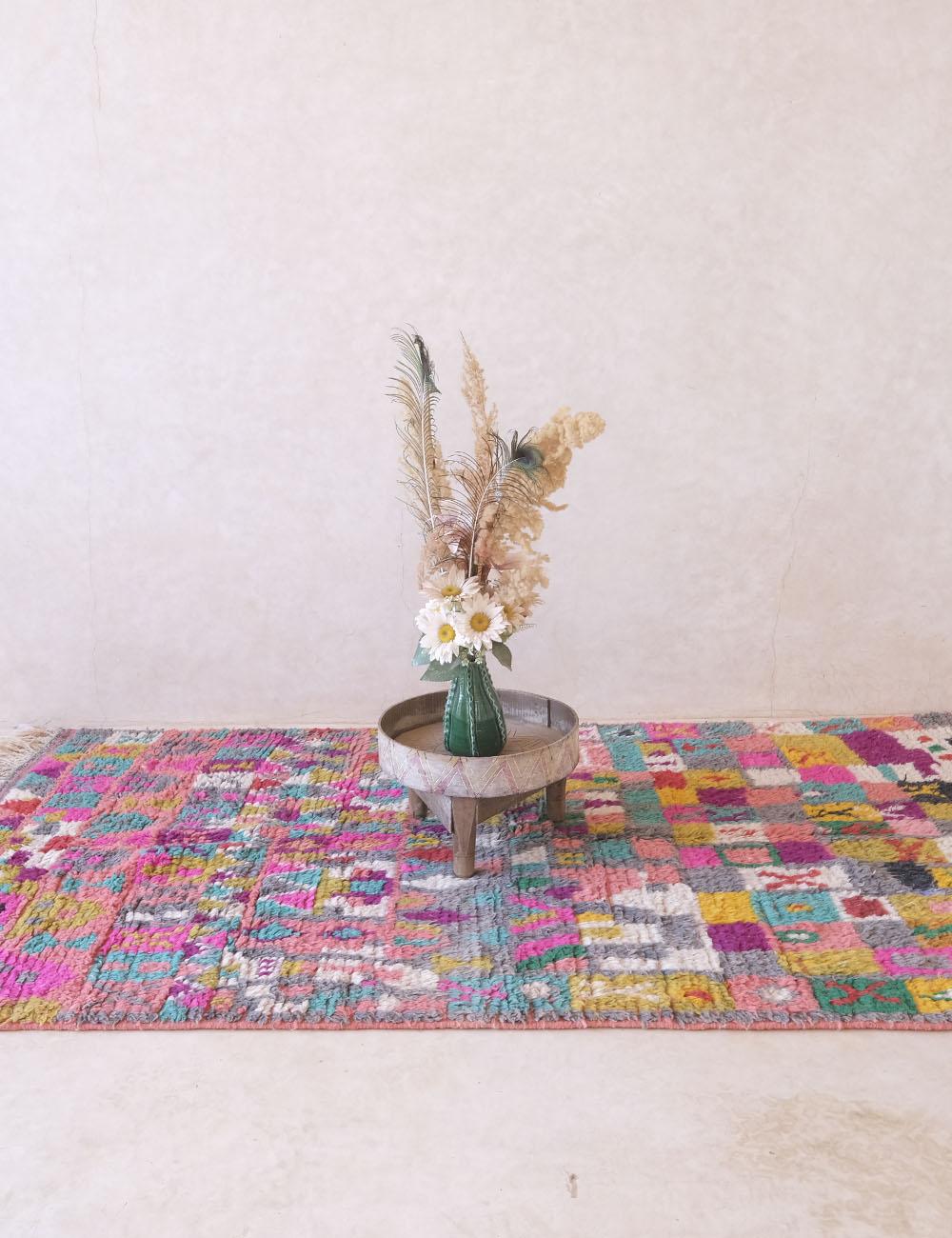 Handwoven Moroccan Berber Rug with Bold Multicolor Patchwork & Tribal Symbols 8.1 x 4.5 ft / 247 x 138 cm