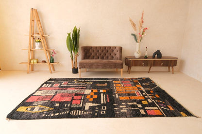Moroccan Abstract Black Wool Rug 9.4 x 5.9 ft / 287 x 180 cm - Surcoma