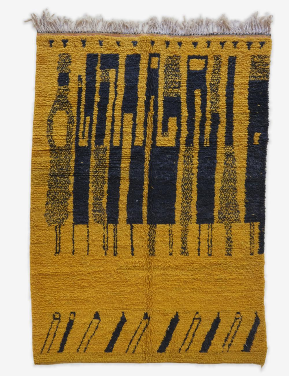 Handwoven Yellow Wool Carpet with Black Motifs 9.7 x 6.5 ft / 297 x 200 cm