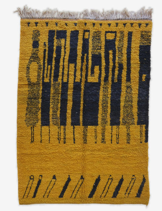 Handwoven Yellow Wool Carpet with Black Motifs 9.7 x 6.5 ft / 297 x 200 cm