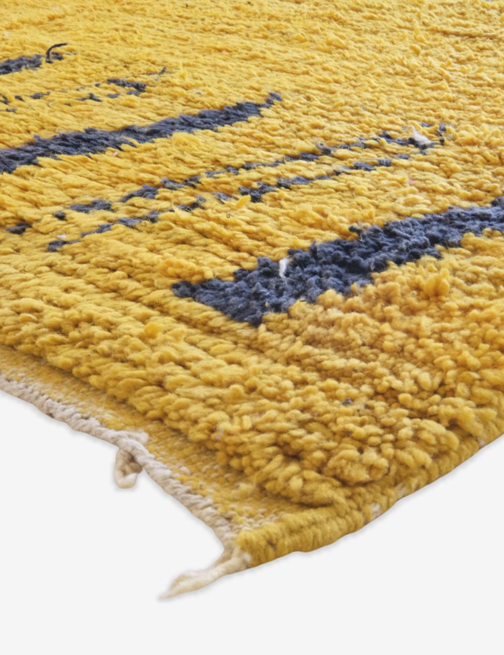 Handwoven Yellow Wool Carpet with Black Motifs 9.7 x 6.5 ft / 297 x 200 cm