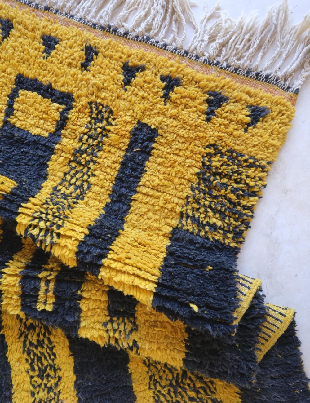 Handwoven Yellow Wool Carpet with Black Motifs 9.7 x 6.5 ft / 297 x 200 cm