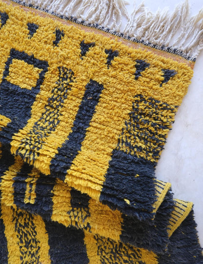 Handwoven Yellow Wool Carpet with Black Motifs 9.7 x 6.5 ft / 297 x 200 cm - Surcoma