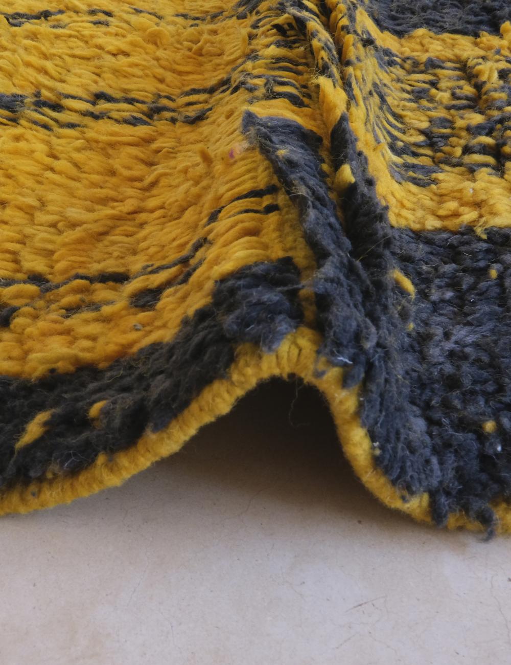 Handwoven Yellow Wool Carpet with Black Motifs 9.7 x 6.5 ft / 297 x 200 cm