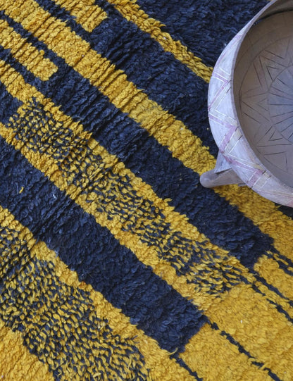 Handwoven Yellow Wool Carpet with Black Motifs 9.7 x 6.5 ft / 297 x 200 cm - Surcoma
