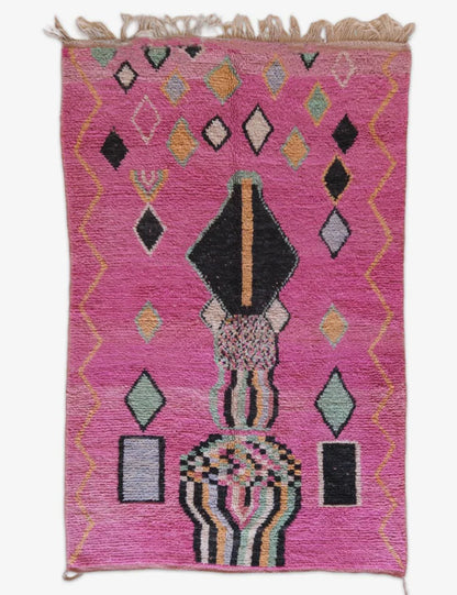 Boujad Moroccan Rug in Bold Pink with Geometric Tribal Motifs 9 x 5.5 ft / 274 x 170 cm - Surcoma