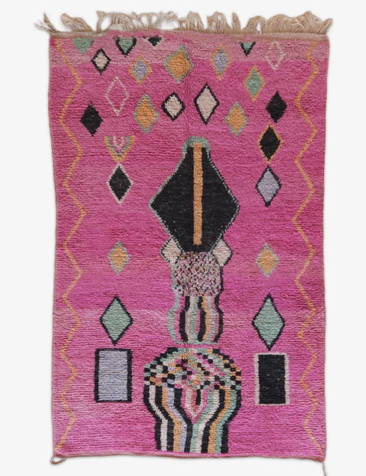 Boujad Moroccan Rug in Bold Pink with Geometric Tribal Motifs 9 x 5.5 ft / 274 x 170 cm