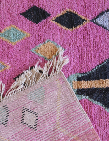 Boujad Moroccan Rug in Bold Pink with Geometric Tribal Motifs 9 x 5.5 ft / 274 x 170 cm - Surcoma