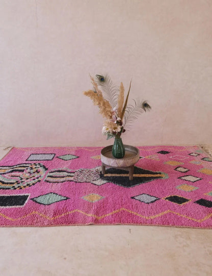 Boujad Moroccan Rug in Bold Pink with Geometric Tribal Motifs 9 x 5.5 ft / 274 x 170 cm - Surcoma