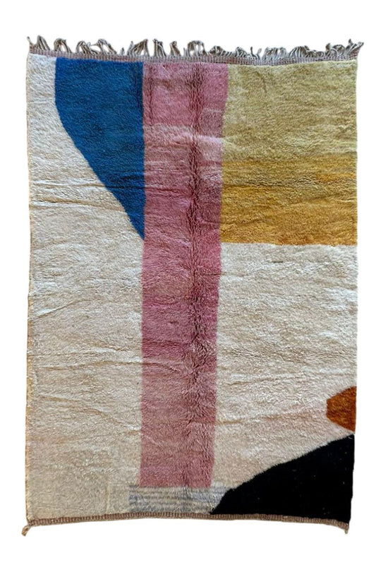 Modern Moroccan Beni Mrirt rug, 10.3 x 7 ft, handwoven wool with neutral geometric design
