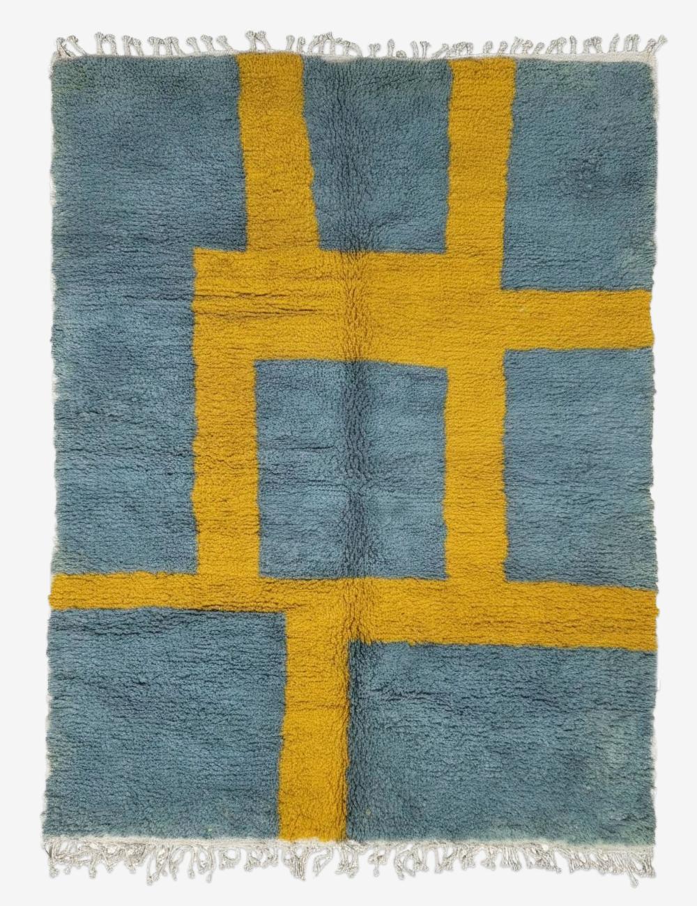 Blue and Ochre Yellow Moroccan Rug 8.1 x 6.4 ft / 247 x 197 cm