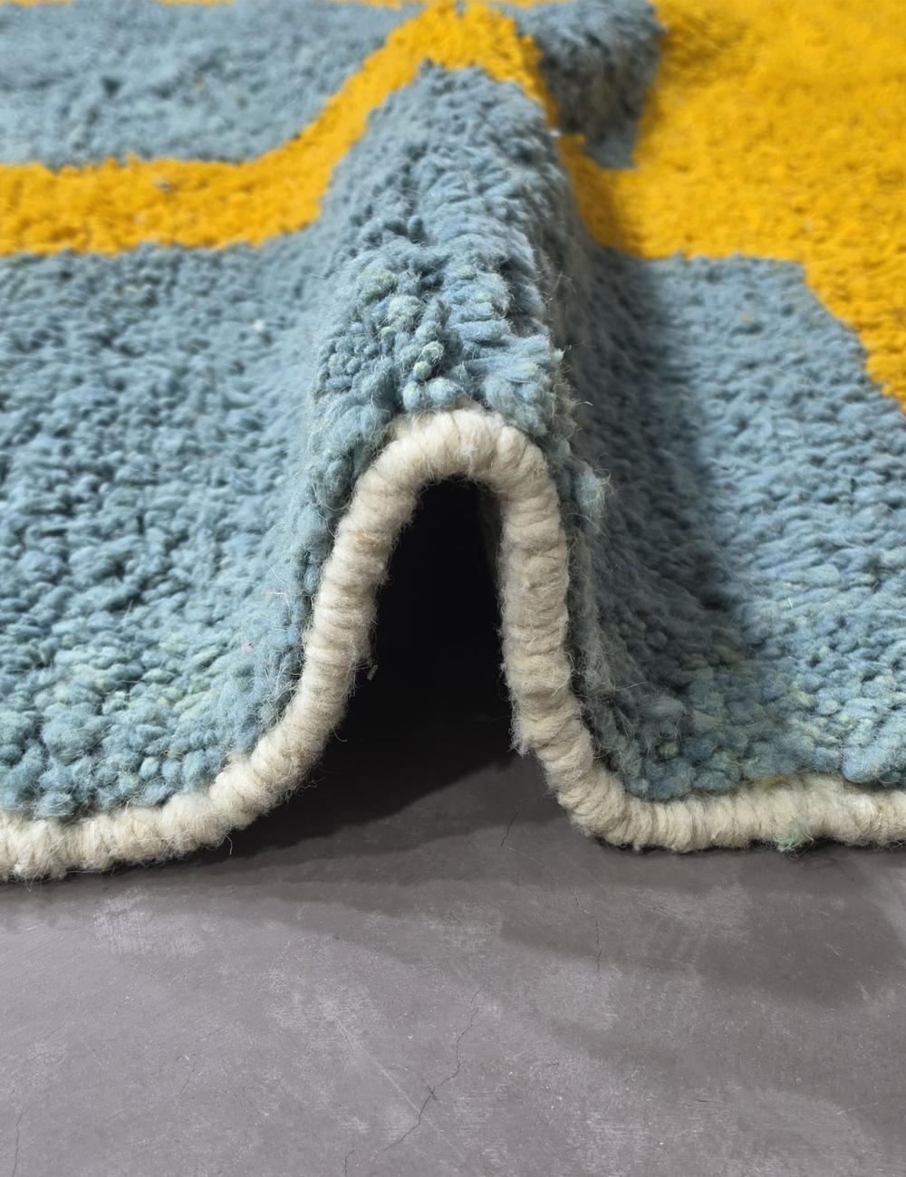 Blue and Ochre Yellow Moroccan Rug 8.1 x 6.4 ft / 247 x 197 cm