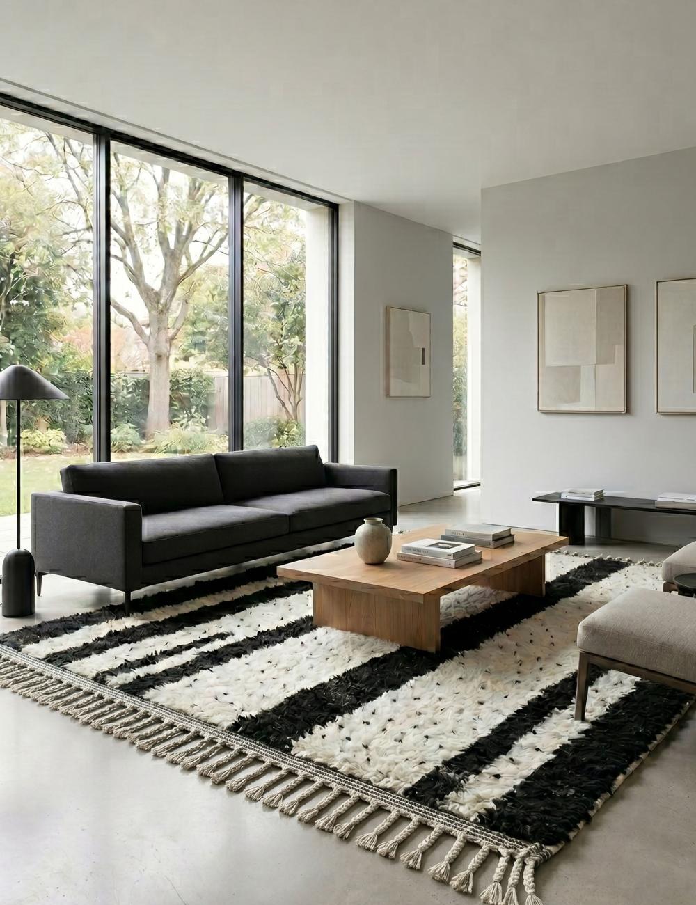 Black and Ivory Moroccan Rug 9.3 x 7.2 ft / 284 x 222 cm