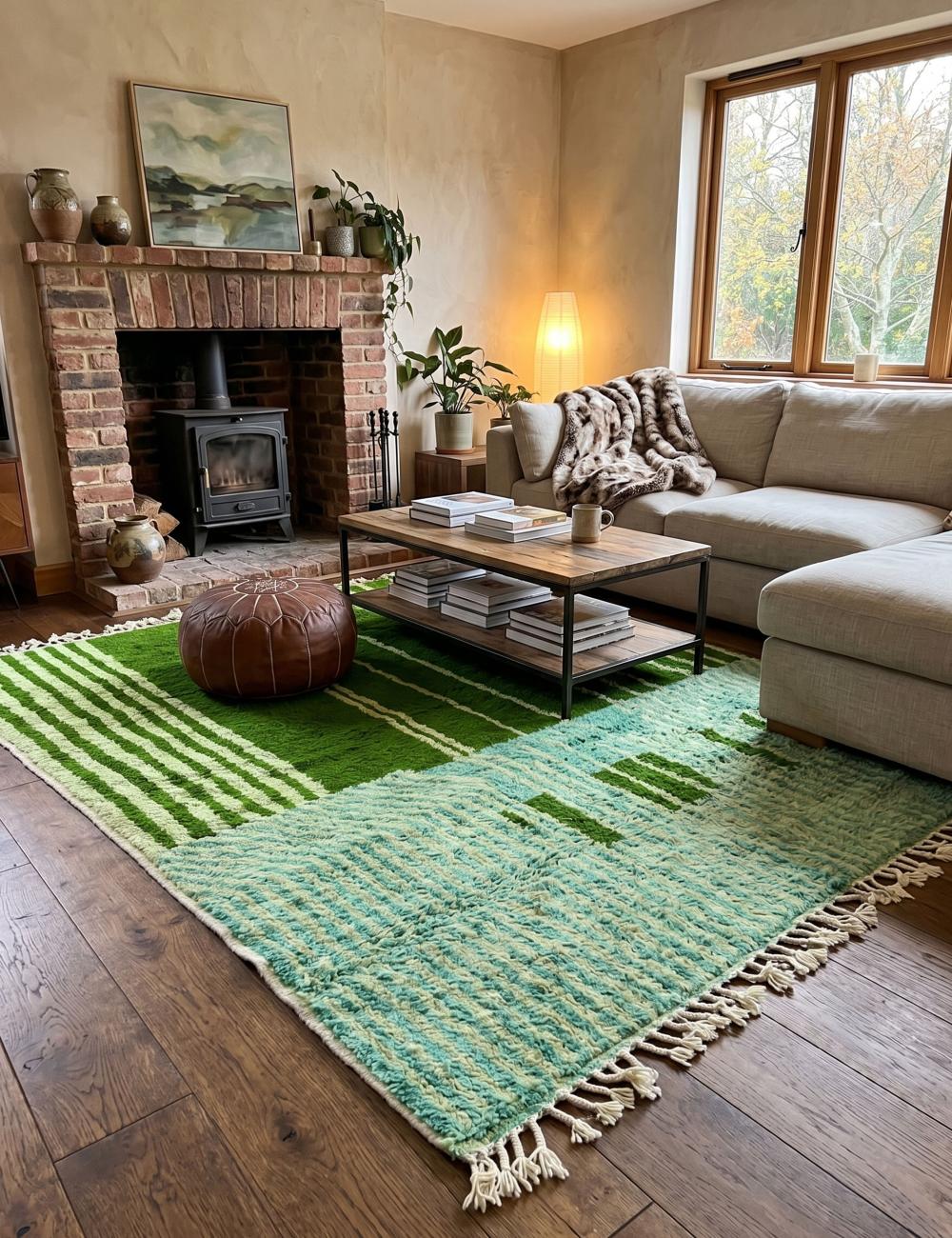 Green Moroccan Rug Handmade Striped Rug 10 x 8.4 ft / 304 x 258 cm