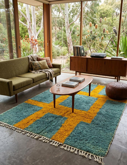 Blue and Ochre Yellow Moroccan Rug 8.1 x 6.4 ft / 247 x 197 cm