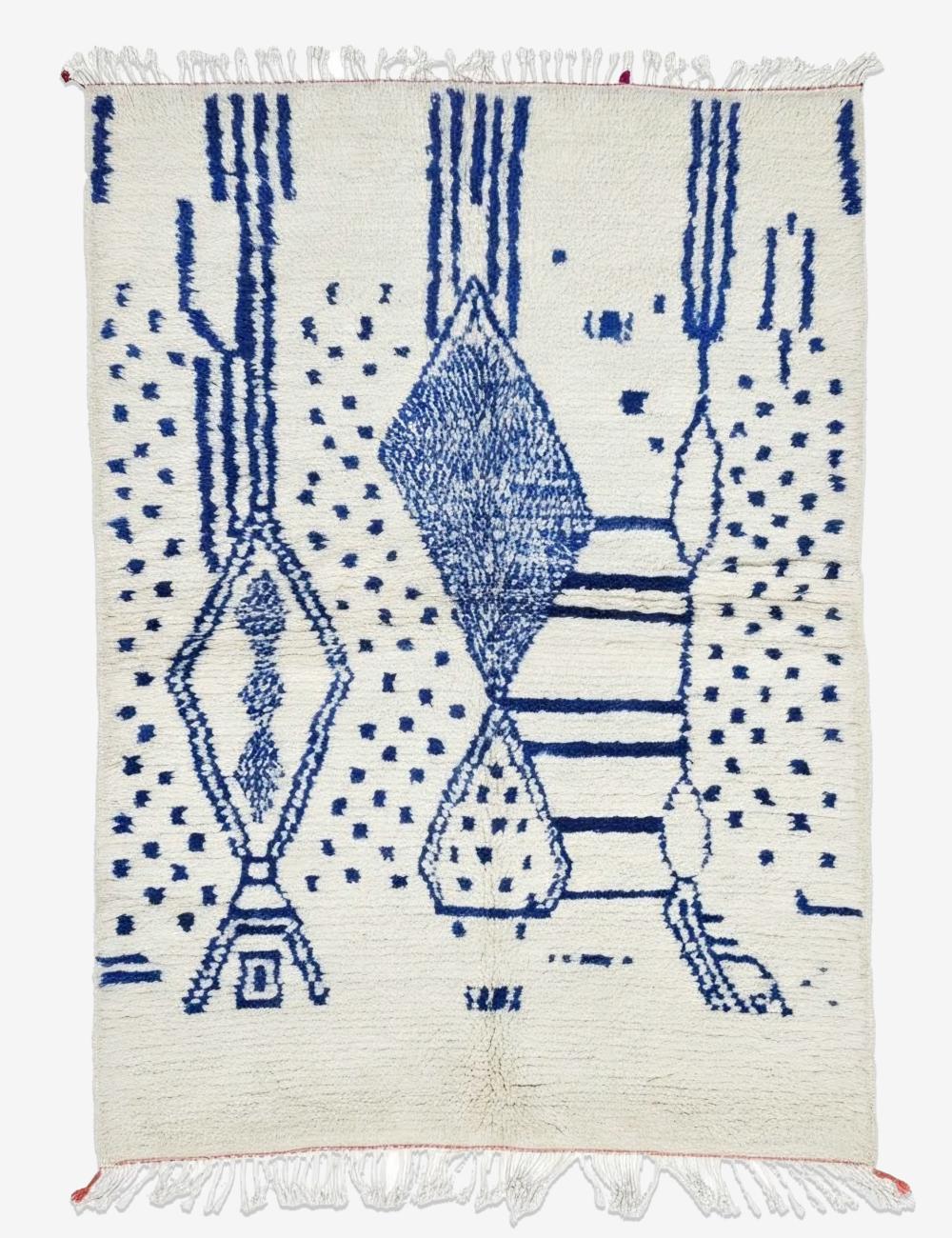 Blue and Ivory Azilal Moroccan Rug - 6.2 x 4.2 ft / 190 x 130 cm